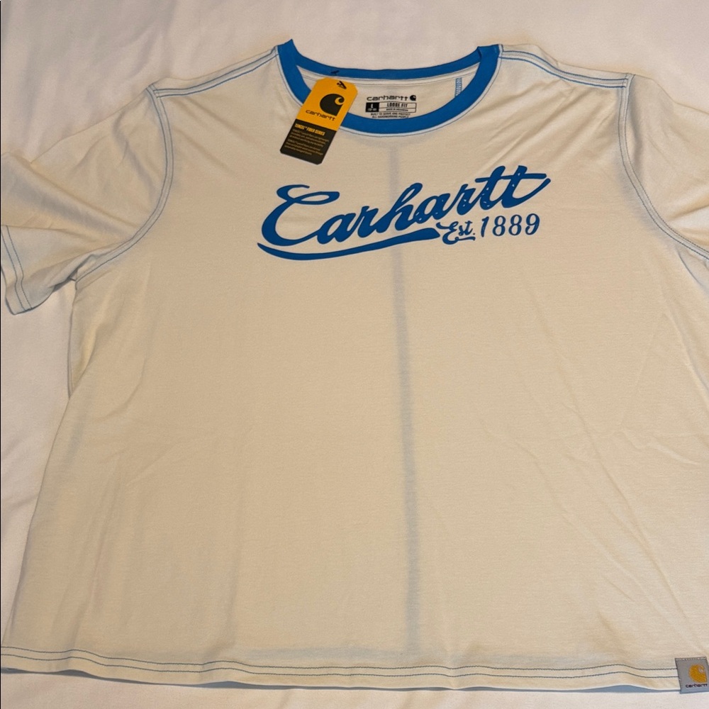 Carhartt Off White Tee with Bright Blue Script Logo and Trim